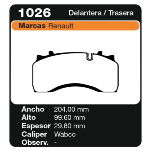 PASTILLAS DE FRENO RENAULT MIDLUM 6.2 250.16/CT 4X2 16 TON