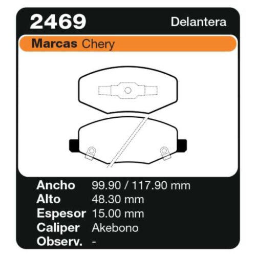 PASTILLAS DE FRENO CHERY 2469- CHERY FACE 1.6V